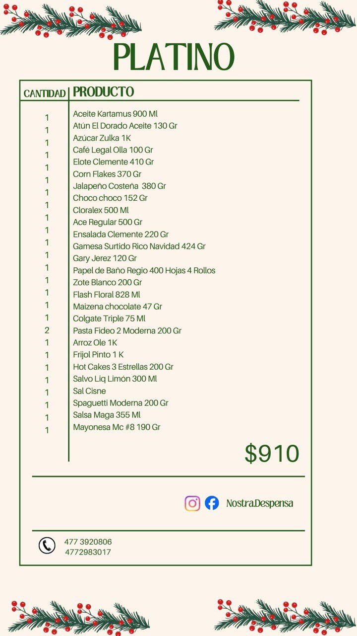 Lista de productos del Paquete Platino